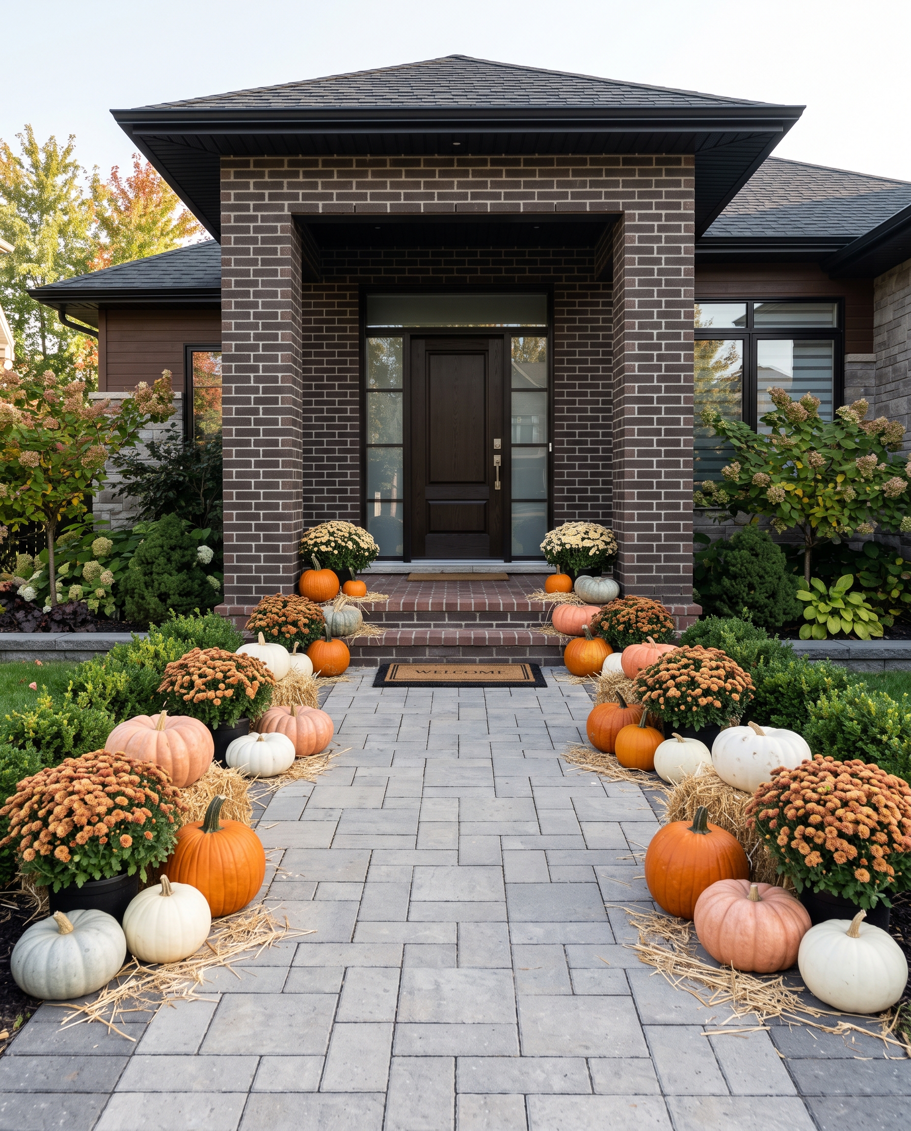 Portique en brique et allée en pavé uni bordée de citrouilles et chrysanthèmes d'automne à Kirkland