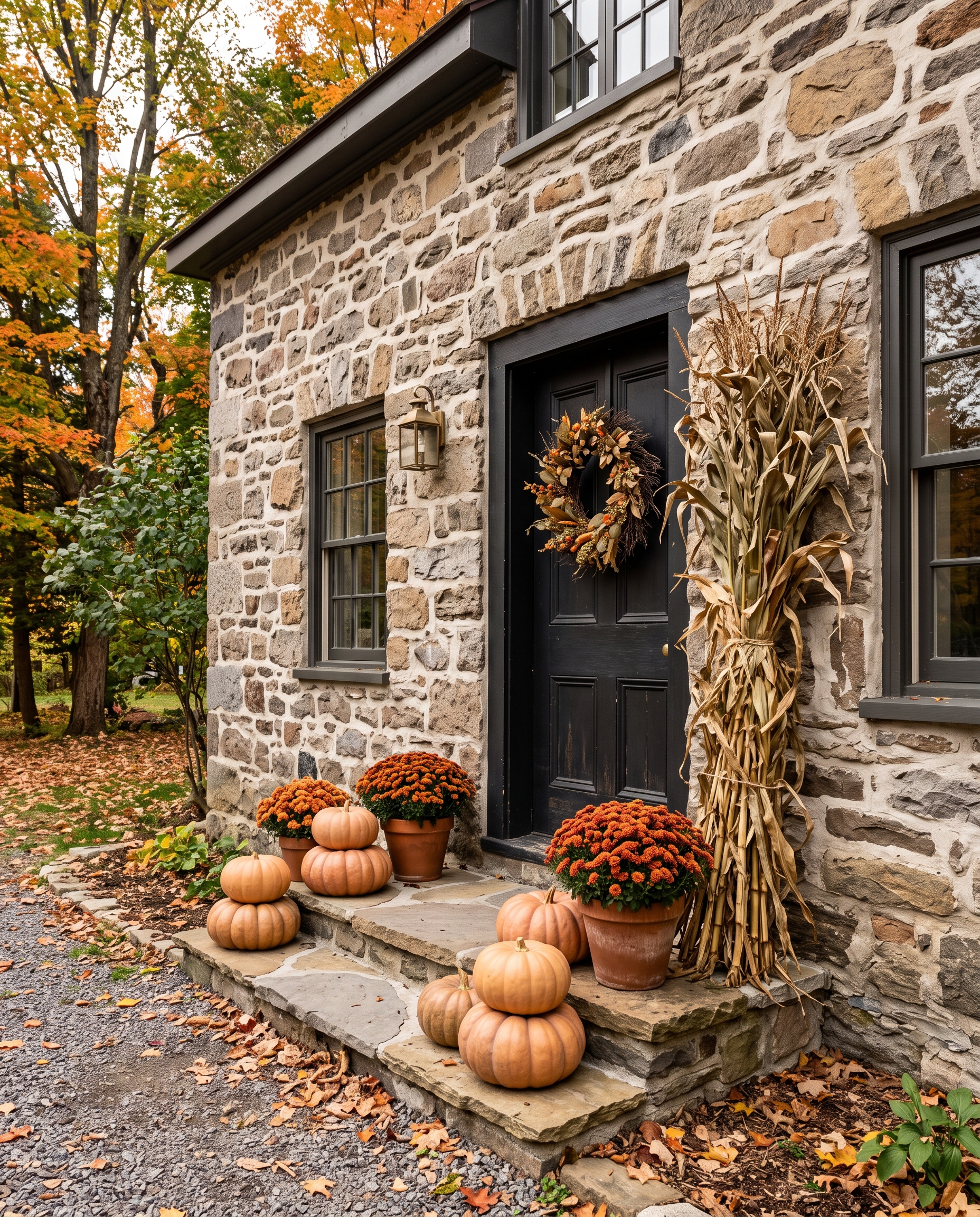 Maison patrimoniale en pierre des champs avec couronne d'automne, tiges de maïs et citrouilles Fairytale à Hudson
